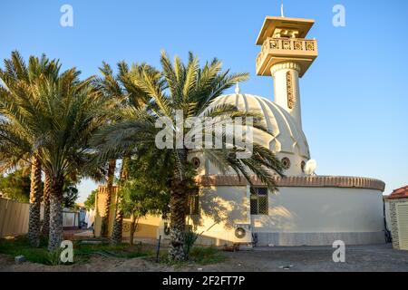 Eine kleine alte Moschee, umgeben von Dattelpalmen Stockfoto