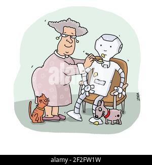 Eine alte Dame füttert glücklich ihren Pflegeroboter Stockfoto