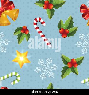 Mehrfarbige Neujahrsobjekte nahtloses Muster mit verschiedenen farbigen Symbolen Und Elemente auf dem blauen Hintergrund handgezeichnete Symbole Vektor Abbildung Stock Vektor