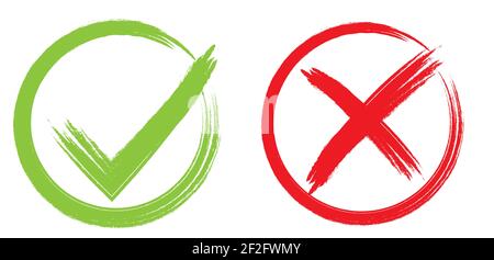 Zwei Grunge-Pinselstriche kreuzen x an und kreuzen die Markierungen OK an. Aktivieren Sie die Kontrollkästchen für die Schaltflächen „NEIN“ und „JA“ für das Kontrollkästchen „Abstimmen im Internet“ usw. Stock Vektor