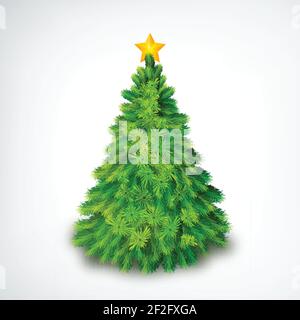 Realistischer weihnachtsbaum mit goldenem Stern auf weiß Vektordarstellung im Hintergrund Stock Vektor