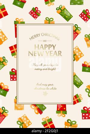 Bright Merry Christmas festlichen Hintergrund mit goldenen Inschrift in rechteckigen Rahmen und bunte Geschenk-Boxen Vektor-Illustration Stock Vektor
