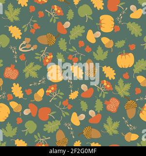 Saisonale Herbst floral nahtlose Muster mit Ahorneiche Blätter Kürbisse Äpfel Beeren Pilze und Eicheln Vektor-Illustration Stock Vektor