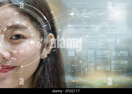 Asiatische Frauen futuristische Vision, digitale Technologie Bildschirm über dem Auge Vision Hintergrund, Sicherheit und Befehl in den Zugängen. Überwachung und Stockfoto