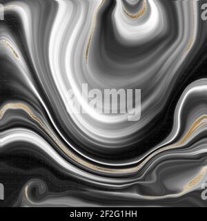 Flüssiger abstrakter Marmor Achat Hintergrund mit Gold Glitter Splatter Textur. Flüssiger Marmoreffekt mit Goldvene. Schwarzer und weißer Hintergrund. Abbildung Stockfoto