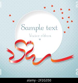 Romantische Valentinstag Postkarte mit rundem Textfeld rotes Band Und Herzen auf blauem texturellen Hintergrund flache Vektor-Illustration Stock Vektor