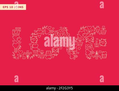 Love Poster Vorlage mit vier großen Buchstaben, bestehend aus schönen Bilder Handzeichnen Doodles Elemente auf dem roten Hintergrund Vektor Abbildung Stock Vektor