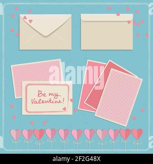 Niedliche valentinstag Postkarten und Umschläge in weiß und gesetzt Rosa Farben auf blauem Hintergrund mit Herzen flach isoliert Vektor Abbildung Stock Vektor