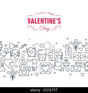 Happy Valentinstag dekorative Karte mit Worten über glücklich sein Und viele monochrome Symbole wie Herzbändchen Pfeile auf Vektorgrafik weiß Stock Vektor