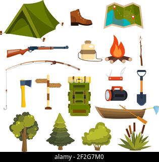 Set von flachen Camping-Elemente für die Erstellung Ihrer eigenen Abzeichen, Logos, Etiketten, Poster etc. Isoliert auf weiß. Stock Vektor