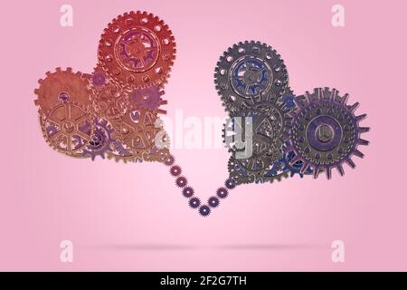 Herzen mit metallischen Zahnrädern auf rosa Hintergrund Stockfoto