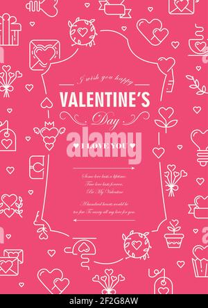 Valentinstag Design Postkarte auf zwei Teile mit Worten aufgeteilt Über den traditionellen Tag der Liebhaber in der Mitte des dekorativen Rahmens Vektor auf rotem Hintergrund Stock Vektor