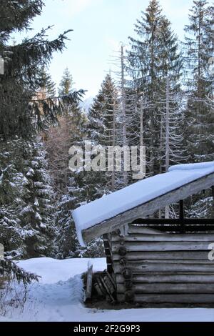 Winterwanderung bei Mittenwald, Elmau, Klais, Europa, Deutschland, Bayern, Oberbayern, Werdenfels, Winter, Heuscheune Stockfoto