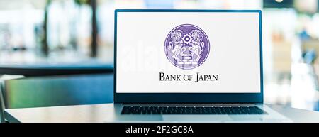 POSEN, POL - 6. FEB 2021: Laptop-Computer mit Logo der Bank of Japan, der japanischen Zentralbank mit Hauptsitz in Tokio Stockfoto