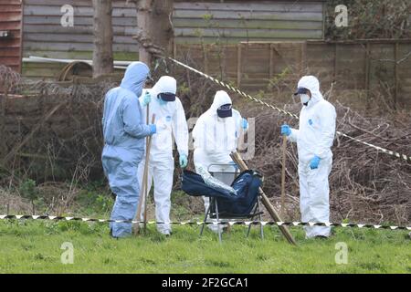 Forensische Offiziere führen eine Suche hinter einem Haus in Freemens Way in Deal, Kent, nach der Entdeckung von menschlichen Überresten in einem Waldgebiet in Ashford während der Jagd nach vermissten Frau Sarah Everard.. Die Met Police hat am Mittwoch bekannt gegeben, dass ein diplomatischer Schutzbeamter wegen des Verschwindens von Sarah Everard wegen Mordverdachts verhaftet wurde. Bilddatum: Freitag, 12. März 2021. Stockfoto