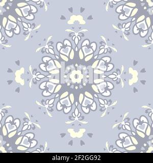 Nahtloses Muster. Mandala mit Herzen. Pastellblau jean Farbe, blassgelb und weiß. Pastellfarben. Vektor. Stock Vektor
