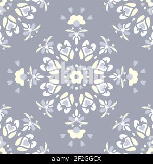 Nahtloses Muster. Mandala mit Herzen. Blaue jean Farbe, blassgelb und weiß. Pastellfarben. Vektor. Stock Vektor