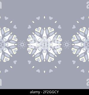 Nahtloses Muster. Mandala mit Herzen, Kerzen und Blumen. Blaue jean Farbe, blassgelb und weiß. Pastellfarben. Vektor. Stock Vektor