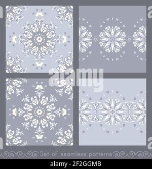 Satz von nahtlosen Mustern. Mandala mit Herzen, Kerzen und Blumen. Blaue jean Farbe, blassgelb und weiß. Pastellfarben. Vektor. Stock Vektor