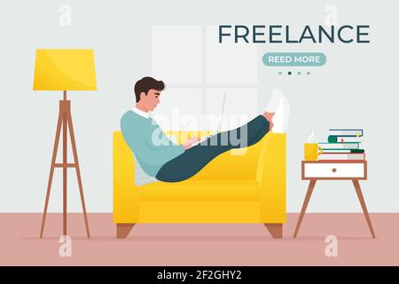 Mann mit Laptop sitzt auf dem Sofa. Arbeiten Sie von zu Hause aus, freiberuflich. Vektorgrafik im flachen Stil Stock Vektor