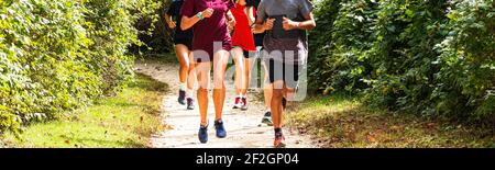 Eine Gruppe von High-School-Langlaufläufern auf einem Feldweg in einem Park von Büschen und Bäumen umgeben laufen. Stockfoto