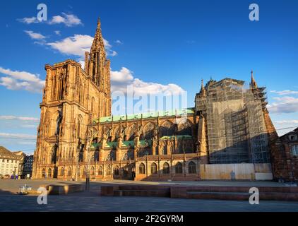 Notre Dame de Strasbourg und wunderschönen Sonnenaufgang, Frankreich Stockfoto