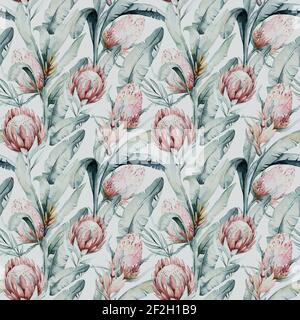 Protea nahtlose Muster Blume. Aquarell tropische Blätter, handbemalte Illustration von exotischen floralen Elementen Hintergrund, kann für Gruß c verwendet werden Stockfoto