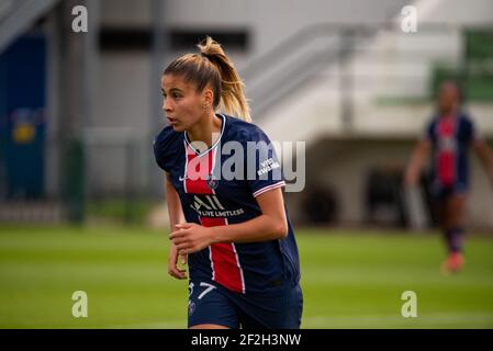 Lea Khelifi aus Paris Saint Germain reagiert während der französischen Frauenmeisterschaft D1 Arkema Fußballspiel zwischen Paris Saint-Germain und EA Guingamp am 5. September 2020 im Georges Lefevre Stadion in Saint-Germain-en-Laye, Frankreich - Foto Antoine Massinon / A2M Sport Consulting / DPPI Stockfoto