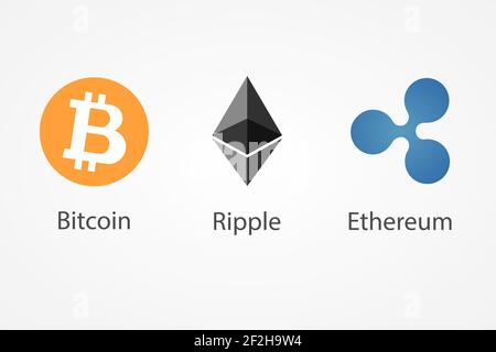 Bitcoin, Ethereum, Ripple Münzen Vektor-Symbole. Kryptowährungssymbole auf weißem Hintergrund isoliert. Stock Vektor