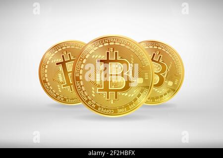 Goldene Bitcoin Krypto Währungssymbole mit Schatten isoliert auf weißem Hintergrund. Realistische Vektordarstellung. Stock Vektor