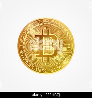Goldenes Bitcoin Krypto Währungssymbol auf weißem Hintergrund isoliert. Realistische Vektordarstellung. Stock Vektor