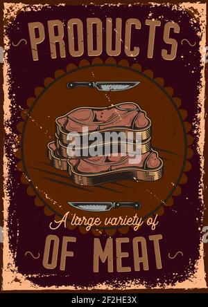 Poster-Design mit Illustration von geschnittenem Fleisch auf staubigen Hintergrund. Stock Vektor