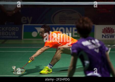 BADMINTON - YONEX AUSTRALIAN BADMINTON OPEN 2013 - Sydney Exhibition ZENTRUM - SYDNEY (AUS) - 2-7/04/2013 - FOTO ANDREA FRANCOLINI / DPPI MEDIA - Kai Guo (China) gewinnt 2 Sätze Bis 1 gegen S Parks (Korea) Stockfoto