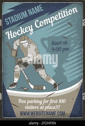 Werbeplakat-Design mit Darstellung des Eishockeyspielers auf staubigen Hintergrund. Stock Vektor