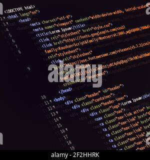 html Front-End Web Entwicklung Programmiersprache für Website-Codierung. Mixed Media Hintergrund Stockfoto