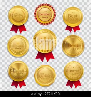 Realistische 3D Champion Goldmedaille mit rotem Band Vektor Illustration Stockfoto