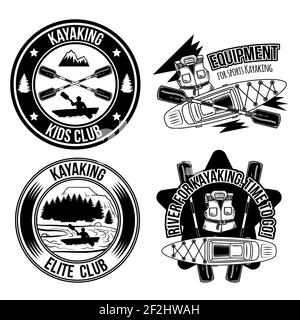 Set von Kajak vintage Embleme, Etiketten, Abzeichen, Logos. Isoliert auf Weiß Stock Vektor