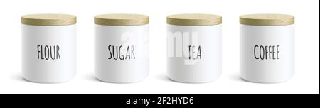 Vector Set von weißen modernen Stil Keramikbehälter, mit Mehl, Zucker, Tee und Kaffee Text darauf. Küchenkanister mit einem Holzdeckel bedeckt, isoliert auf weißem Hintergrund stehend. Stock Vektor