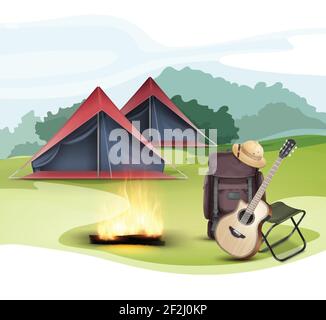 Vector Camping Zone mit Zelt, großer Reiserucksack, Klappstuhl, Safari-Hut, Gitarre und Lagerfeuer Stock Vektor