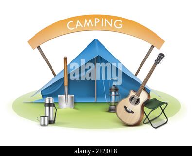 Vector Campingzone mit blauem Zelt, Klappstuhl, Gitarre, Schaufel, Thermoskanne, Laterne und Schild Stock Vektor