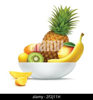 Vector Teller voll von tropischen Früchten Ananas, Kiwi, Mango, Papaya, Banane isoliert auf weißem Hintergrund Stock Vektor