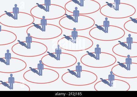 Konzept der sozialen Distanzierung. Menschliche Silhouetten, die Abstand zueinander halten. Stock Vektor