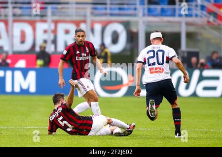 Aleandro Rosi von Genua und Giacomo Bonaventura, Ricardo Rodriguez von AC Mailand während der italienischen Meisterschaft Serie EIN Fußballspiel zwischen AC Mailand und Genua am 22. Oktober 2017 im San Siro Stadion in Mailand, Italien - Foto Morgese - Rossini / DPPI Stockfoto