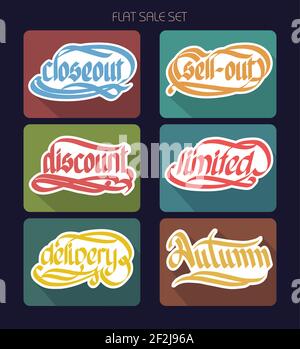 Typographische Verkauf Inschriften Sammlung mit handgeschriebenen Papier Aufkleber in der Wohnung Darstellung isolierter Vektorgrafiken Stock Vektor