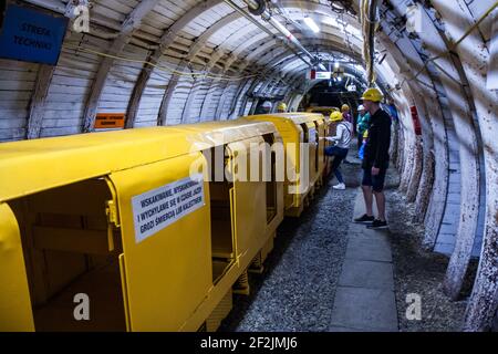 Ruda Śląska, Polen - 16. Juli 2017: Gelbe Waggons bringen Touristen in einen Tunnel am Kohlebergwerk. Stockfoto