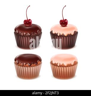 Vector Set von verschiedenen Muffins mit rosa, braunen Glasur und Kirschen Nahaufnahme isoliert auf weißem Hintergrund Stock Vektor