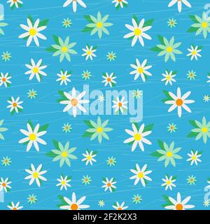 Daisy Kamille Feld Wiese Frühling Sommer Blumen nahtlose Muster auf hellblauen Himmel Hintergrund. Trendige Struktura mit Blümchenmuster für Druck und Mode Stock Vektor