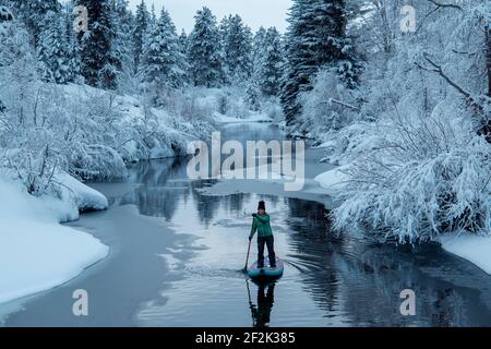 Frau paddeln auf dem Fluss inmitten von schneebedeckten Bäumen während des Urlaubs Stockfoto