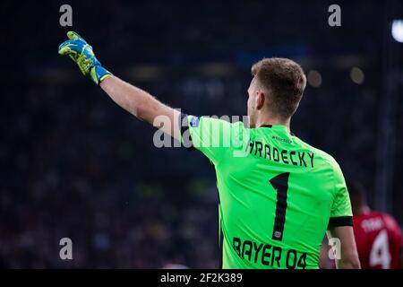 Lukas Hradecky von Bayer Leverkusen während des UEFA Champions League, Gruppe-D-Fußballspiels zwischen Juventus und Bayer Leverkusen am 1. Oktober 2019 im Allianz-Stadion in Turin, Italien - Foto Alessio Morgese - Luca Rossini / DPPI Stockfoto