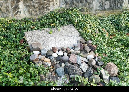 Berlin, jüdischer Friedhof Berlin Weissensee, größter erhaltener jüdischer Friedhof in Europa, Holocaust-Mahnmal, Steinplatte, Beschriftung, Auschwitz Stockfoto